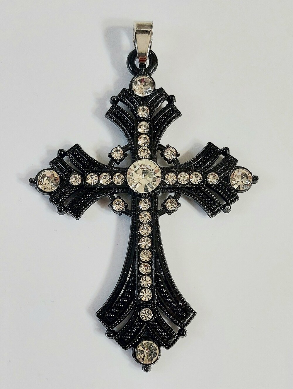 Black Cross Charm Necklace Pendant with Clear Crystals - Women Men Jewelry